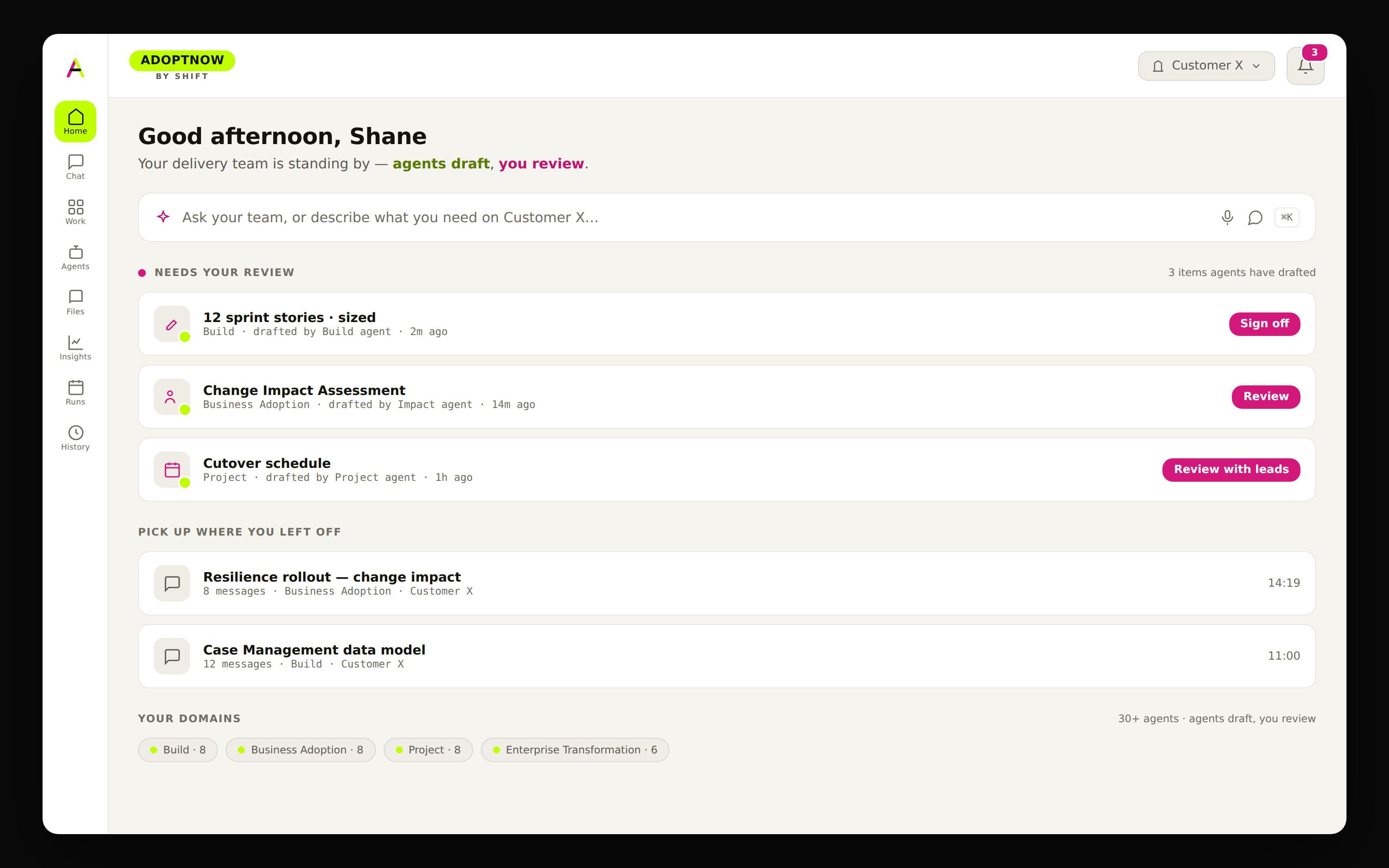AdoptNow platform dashboard showing agent-drafted work for review